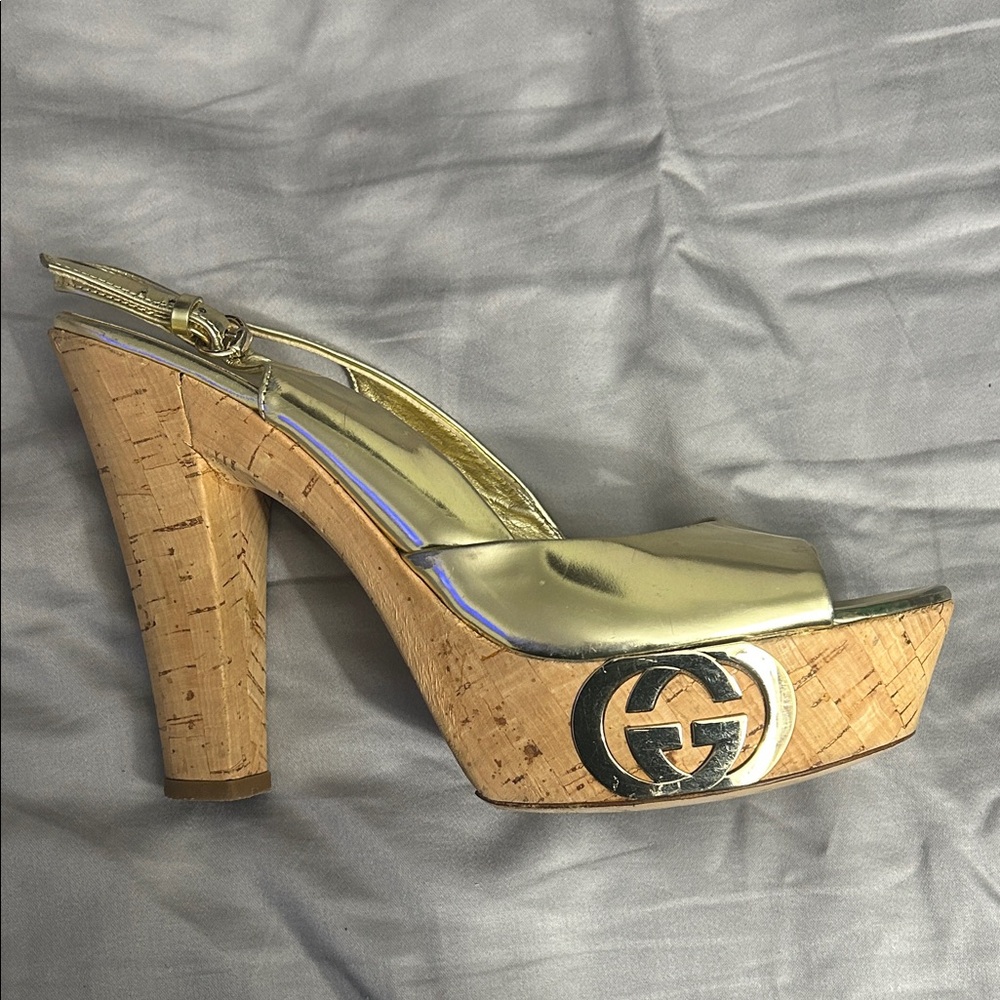 Gucci Gold Metallic Cork Platform Slingbacks